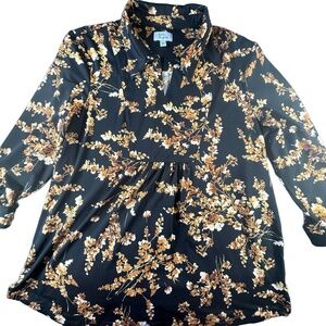 Kim Rogers Blouse Womens Size Medium Black Floral V-Neck 3/4 Sleeve Fall Easy
